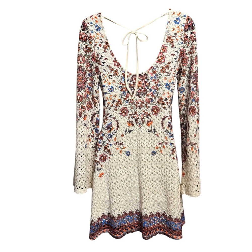 Xhilaration Boho Lace Floral Long Sleeve Dress Womens XS Open Back Tie - Picture 3 of 6